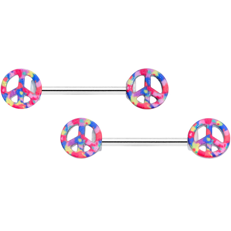 14G 5/8 Hippie Rainbow Peace Sign Barbell Nipple Ring Set