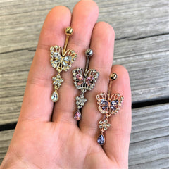 Clear Pink Gem Lacy Butterfly Flower Drop Dangle Belly Ring