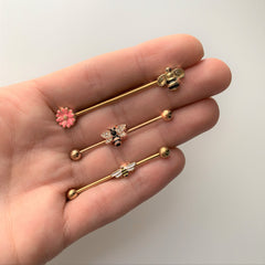 14G Clear Black Gem Gold Tone Bee Floral Industrial Barbell 38mm