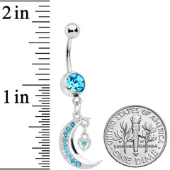 Aqua CZ Gem Heart Padlock Crescent Moon Dangle Belly Ring