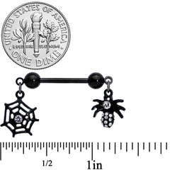 14G 9/16 Clear Gem Black Spider Web Dangle Barbell Nipple Ring Set