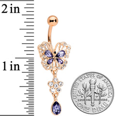 Purple Gem Rose Gold Tone Lacy Butterfly Flower Drop Dangle Belly Ring