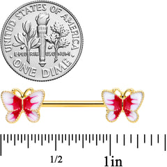 14G 9/16 Gold Tone White Red Butterfly Barbell Nipple Set