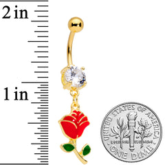Clear Gem Gold Tone Valentines Day Red Rose Dangle Belly Ring