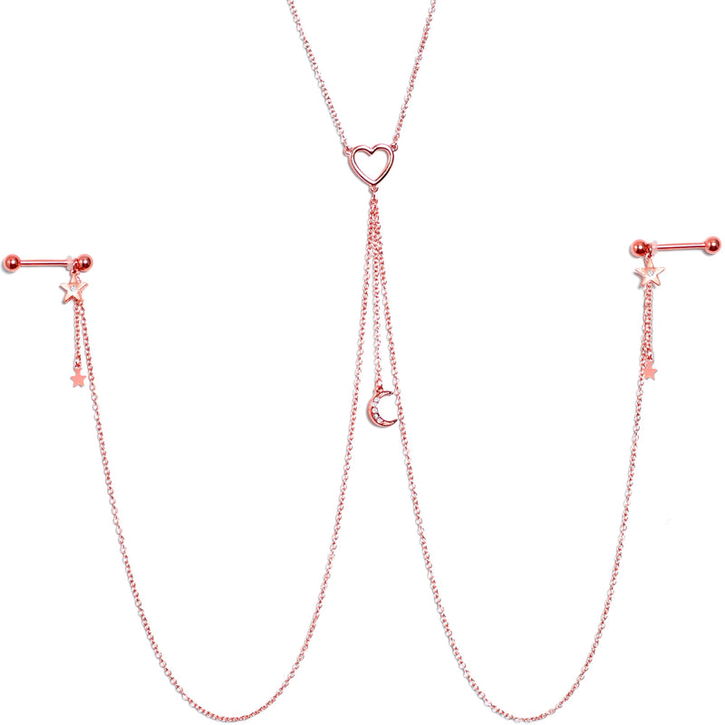 14G 5/8 Clear Gem Rose Gold Hue Star Moon Nipple Chain Necklace
