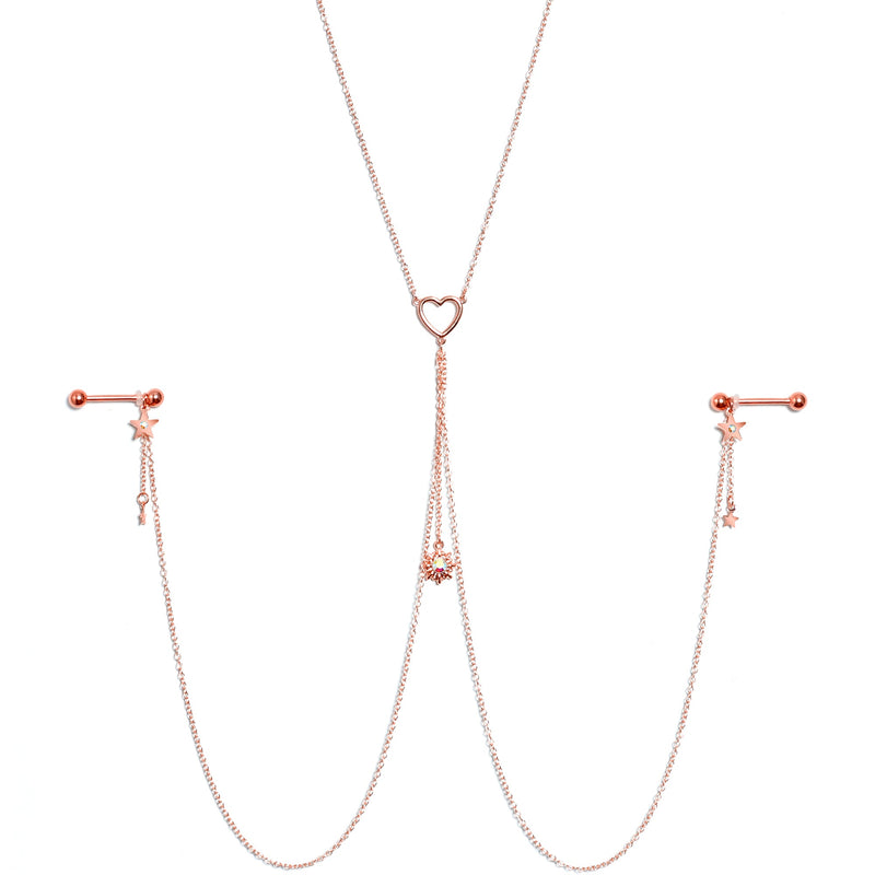14G 5/8 Aurora Gem Rose Gold Hue Star Sun Nipple Chain Necklace