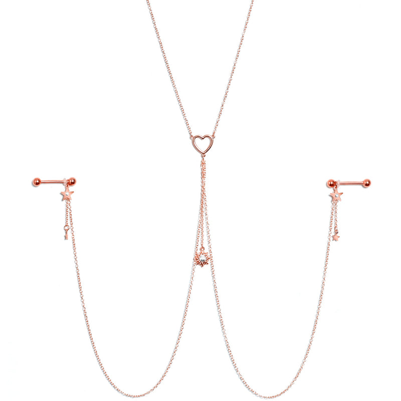14G 5/8 Clear Gem Rose Gold Hue Star Sun Nipple Chain Necklace