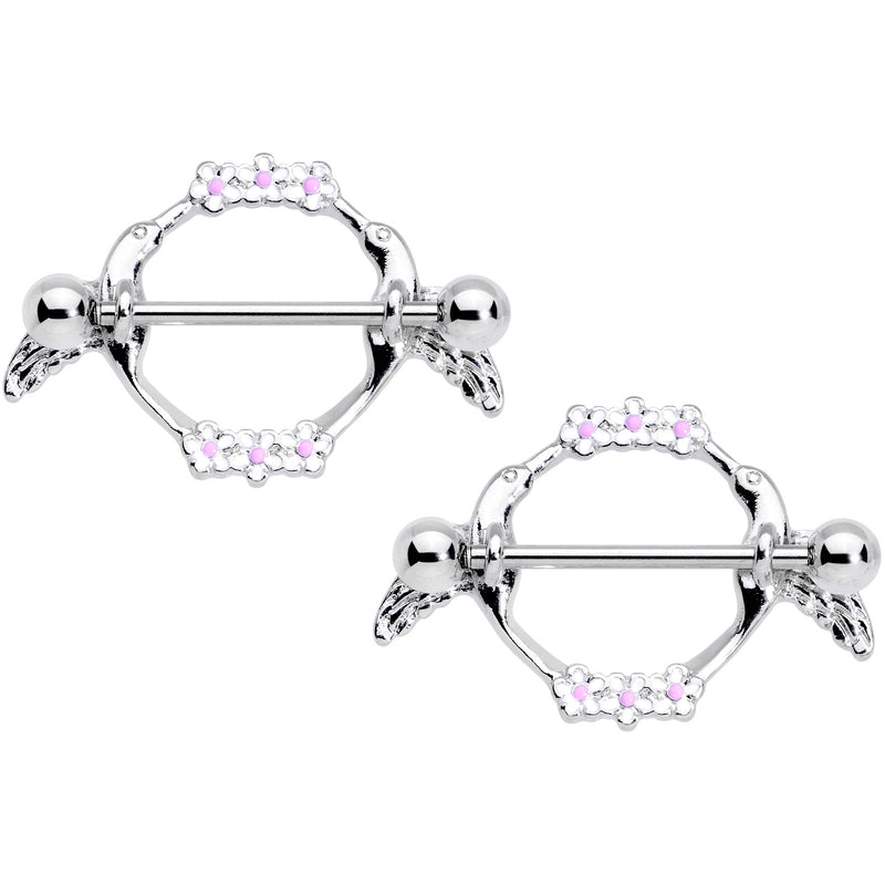 14G 9/16 Pink White Flower Hummingbird Nipple Shield Set