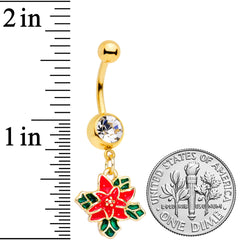 Clear Gem Gold Tone Poinsettia Christmas Dangle Belly Ring