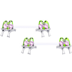 14G 9/16 Pink Gem Bioplast Green Lovebirds Barbell Nipple Ring Set
