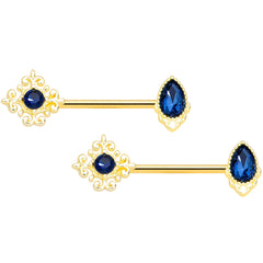 14G 9/16 Blue Gem Gold Tone Noble Barbell Nipple Ring Set
