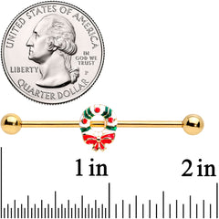 14G Gold Tone PVD Christmas Wreath Industrial Barbell 38mm