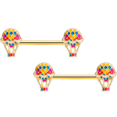 14G 9/16 Gold Tone Red Hot Air Balloon Barbell Nipple Ring Set