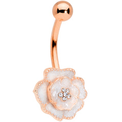 Clear Gem Rose Gold Tone White Rose Reversible Belly Ring