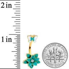 Clear Gem Gold Tone Blue Flower Butterfly Double Mount Belly Ring