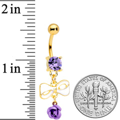 Purple Gem Gold Tone Bow Rose Flower Dangle Belly Ring
