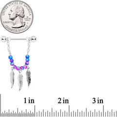 14G 1/2 Blue Purple Bead Feather Dangle Nipple Ring Set