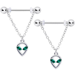 14G 1/2 Green Gem UFO Space Alien Dangle Nipple Ring Set