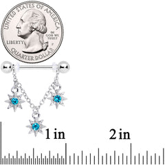 14G 1/2 Aqua Gem Trio Stars Chain Dangle Nipple Ring Set