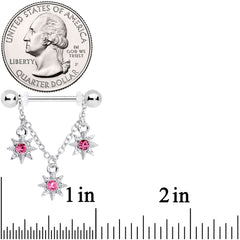 14G 1/2 Pink Gem Trio Stars Chain Dangle Nipple Ring Set
