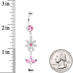 Pink Gem Flower Leaves Love Dangle Belly Ring