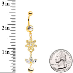 Clear Gem Gold Tone Flower Leaves Love Dangle Belly Ring