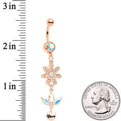 Aurora Gem Rose Gold Tone Flower Leaves Love Dangle Belly Ring