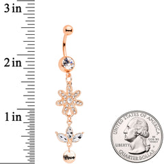 Clear Gem Rose Gold Tone Flower Leaves Love Dangle Belly Ring
