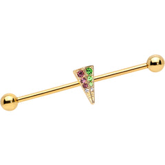 14G Pink Green Gem Gold Tone Triangle Industrial Barbell 38mm