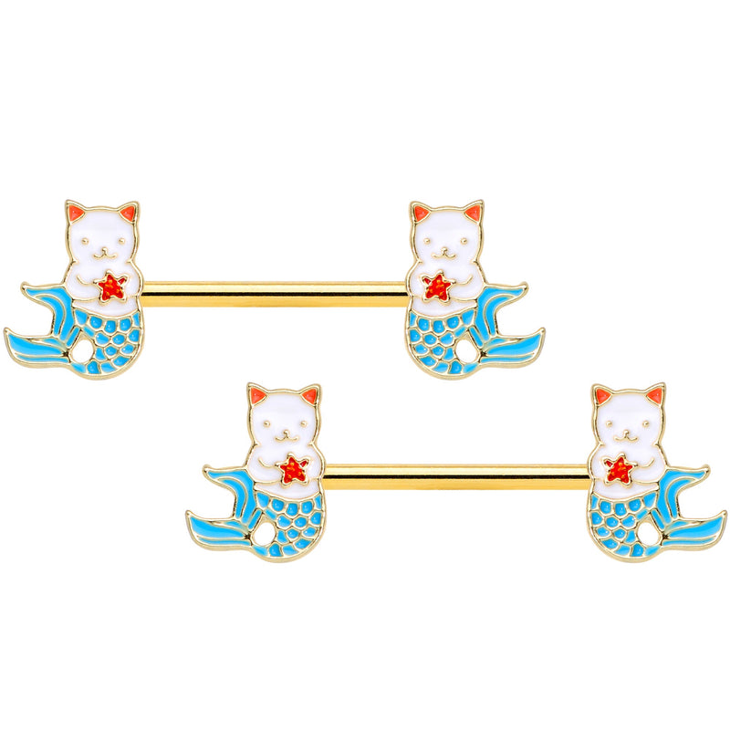 14G 9/16 Gold Tone Blue Star Cat Mermaid Barbell Nipple Ring Set