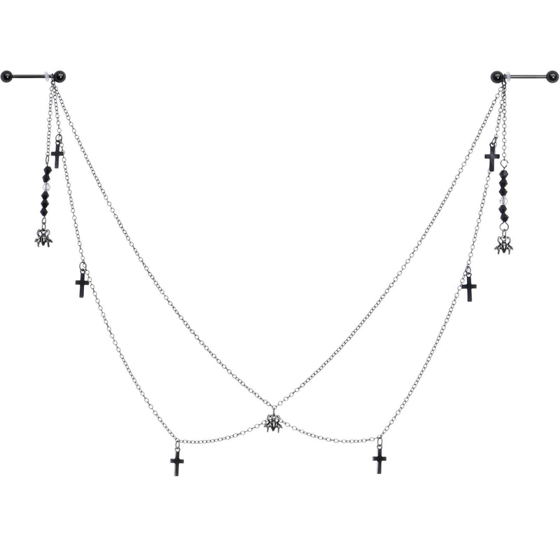 14G 9/16 Black Gem Spider Cross Halloween Dangle Nipple Chain
