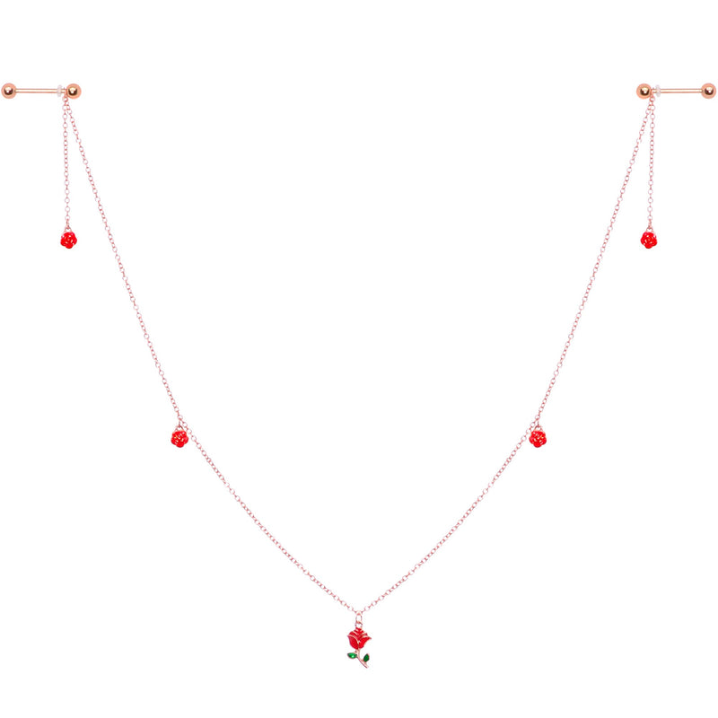 14G 9/16 Gold Tone Red Flower Valentine Dangle Nipple Chain