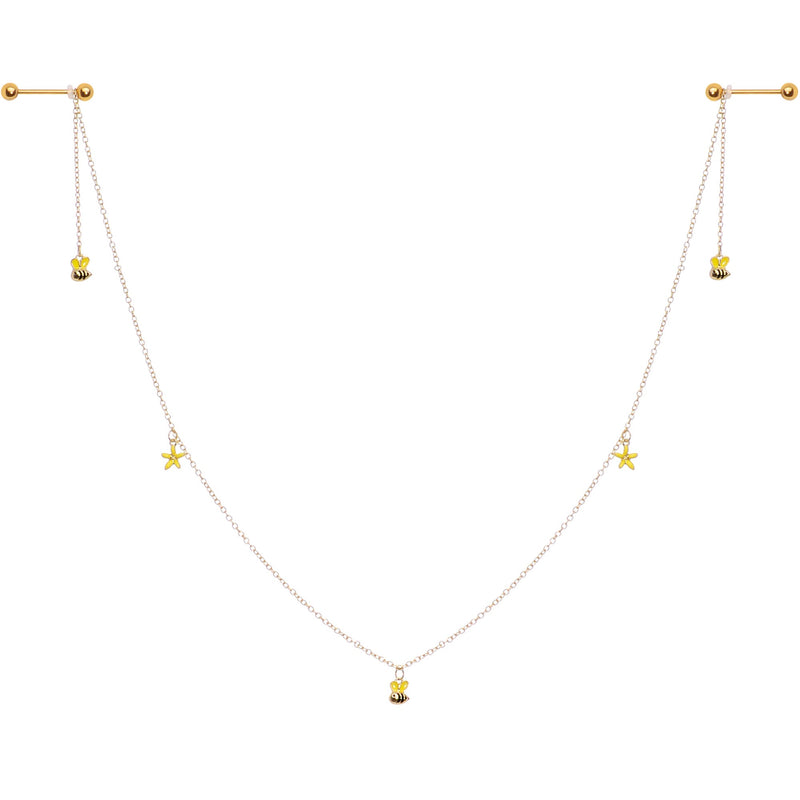 14G 9/16 Gold Tone Yellow Flower Bee Dangle Nipple Chain