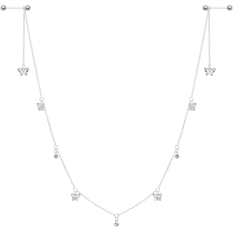 14G 9/16 Clear Gem Butterfly Dangle Nipple Chain