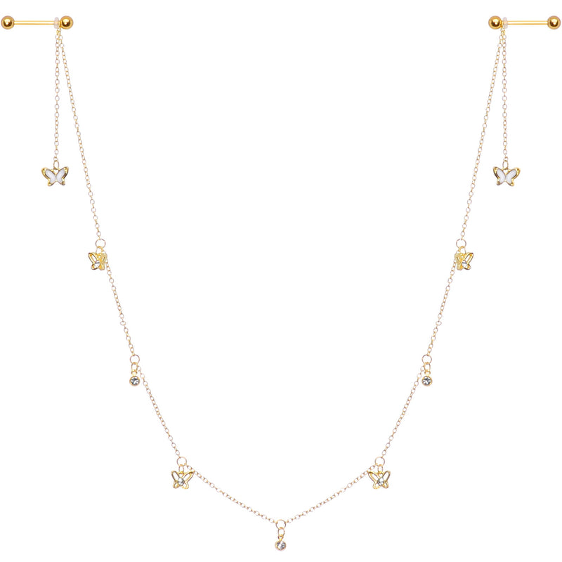 14G 9/16 Clear Gem Gold Tone Butterfly Dangle Nipple Chain