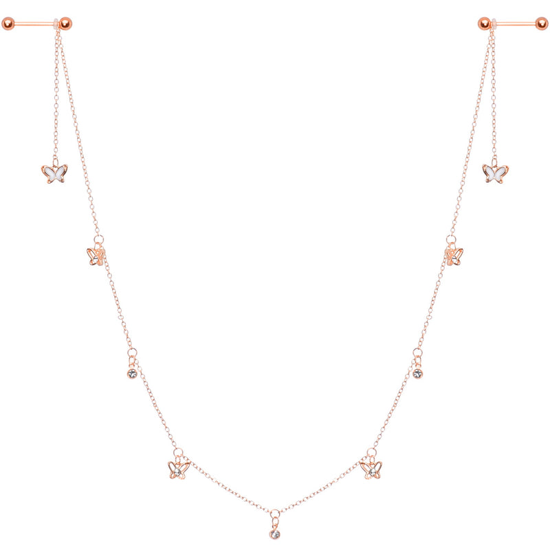 14G 9/16 Clear Gem Rose Gold Tone Butterfly Dangle Nipple Chain