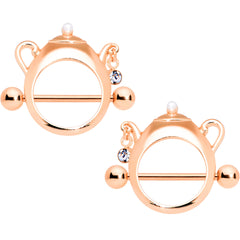14G 5/8 Clear Gem Rose Gold Tone Teapot Nipple Shield Set