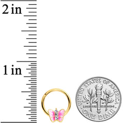 16G 3/8 Clear Gem Gold Tone Pink Butterfly Septum Ring