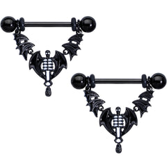 14G 9/16 Black Winged Skeleton Halloween Dangle Nipple Ring Set