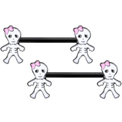 14G 9/16 Black Skeleton Girl Halloween Barbell Nipple Ring Set