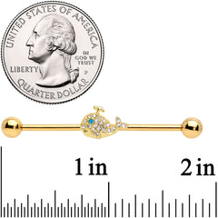 14G Clear Aqua Gem Gold Tone Whale Industrial Barbell 38mm