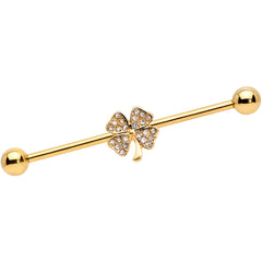 14G Clear Gem Gold Tone Shamrock Industrial Barbell 38mm