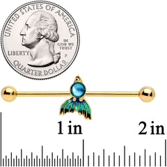 14G Gold Tone Blue Green Mermaid Tail Industrial Barbell 38mm