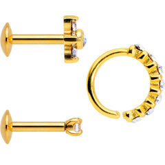 16G Clear CZ Gem Gold Tone Cartilage Labret Closure Ring Set of 3