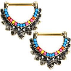 14G 9/16 Gold Tone Rainbow Crest Nipple Clicker Set