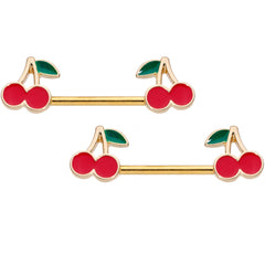 14G 9/16 Gold Tone Charming Cherries Barbell Nipple Ring Set