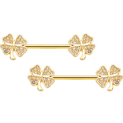 14G 9/16 Clear Gem Gold Tone Shamrock Barbell Nipple Ring Set