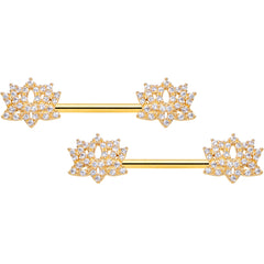 14G 9/16 Clear CZ Gem Gold Tone Lotus Flower Nipple Ring Set