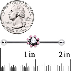 14G Pink Gem Pearlescent Flower Industrial Barbell 38mm