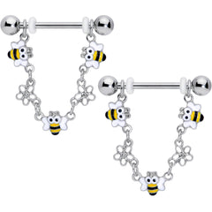 14G 5/8 Little Bees Flowers Dangle Barbell Nipple Ring Set